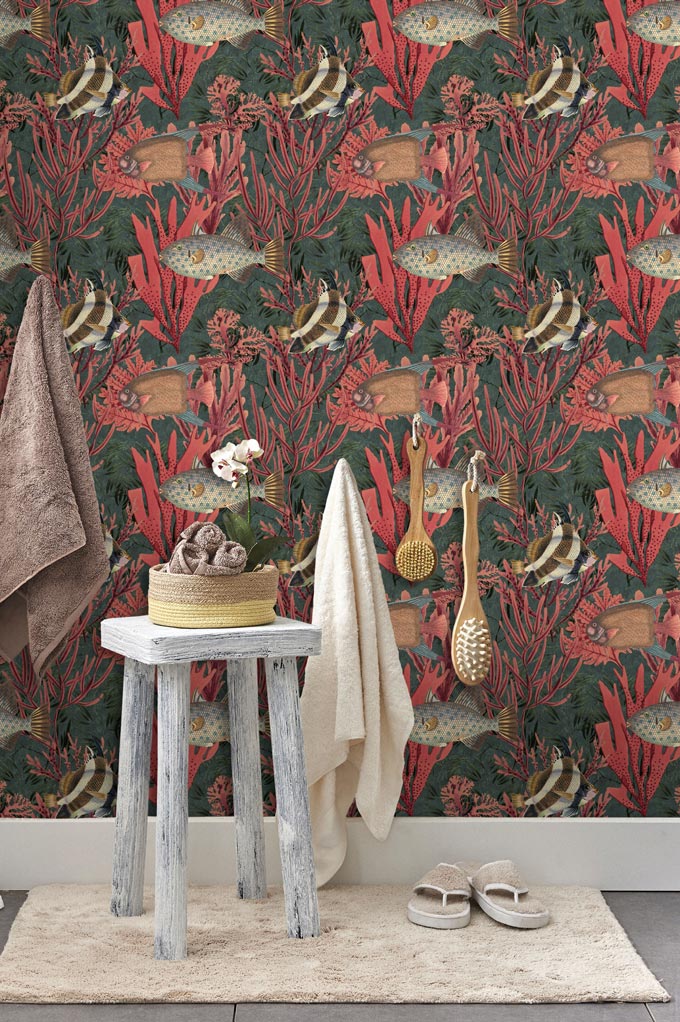Another striking wallpaper with a coral reef pattern used in a bathroom. Image by Mindthegap.