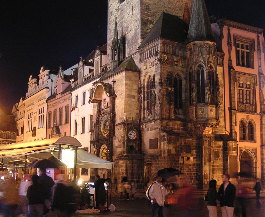 View of the Astronomical Clock on Prague's City Hall after sunset hours.