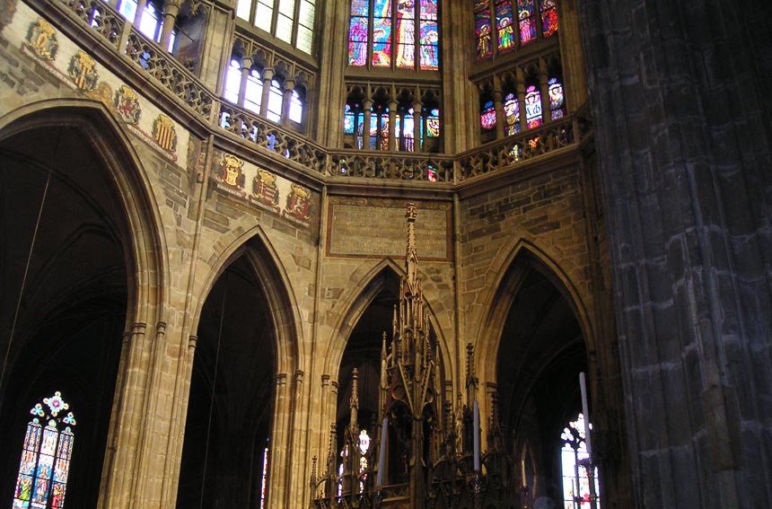 Partial view on the inside of St. Vitus Cathedral in Prague.