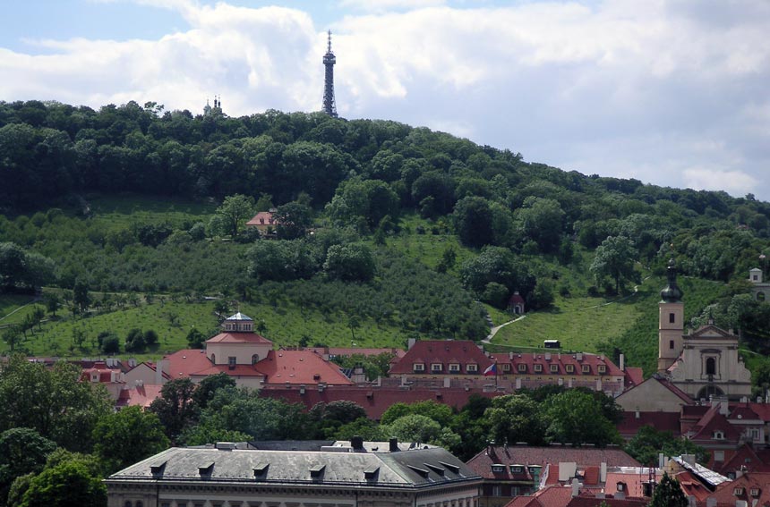 View of the Petrin Lookout Tower in Prague, from afar