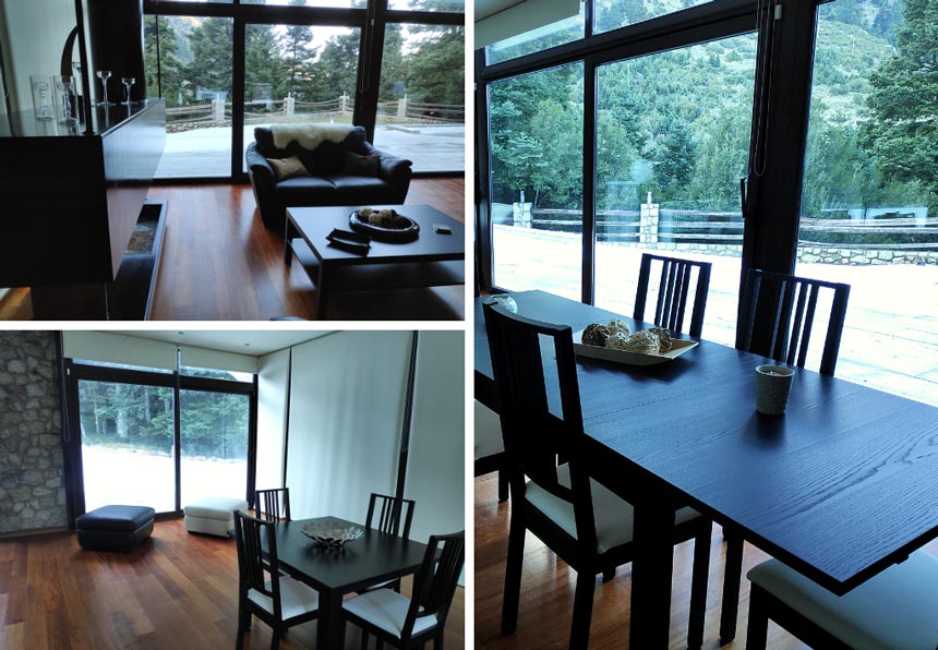 On the top right view of the living room with the mountain view in the background. On the bottom left, view of the space near the entrance. Two poufs and a small dining table of four can also be found. On the right partial view of the dining space with a mountain view in the background.