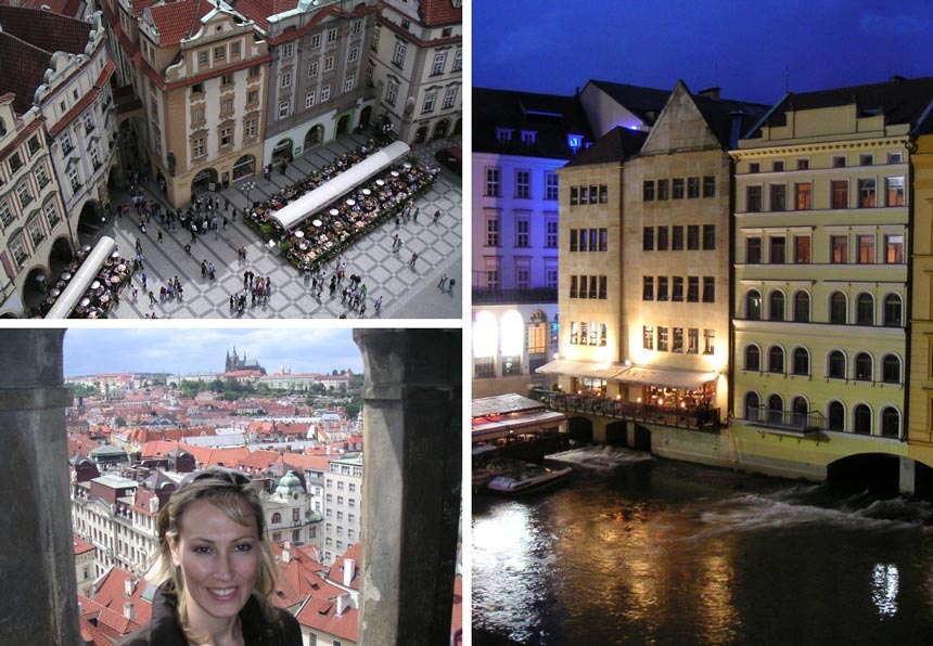 Views of Prague! Top left: view of the Old Town Square from above. Bottom left: Velvet and view of the Prague Castle in the background. Right image: View of buildings in Prague on the riverfront after sunset hours.