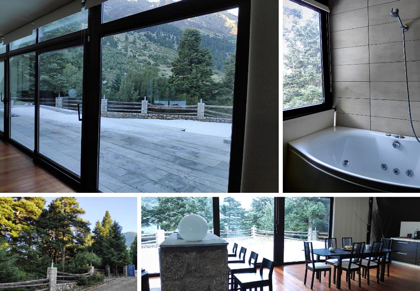 On the top left, the mountain view from the dining space. On the top right view of the tub in one of the bathrooms. On the bottom left a view from the grounds. On the right a view of the dining space.