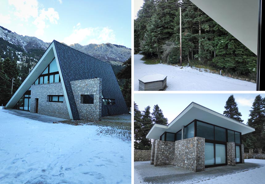 On the left the main chalet. On the top right a view of the surrounding forest taken from the chalet. On the bottom right view of the guest house.
