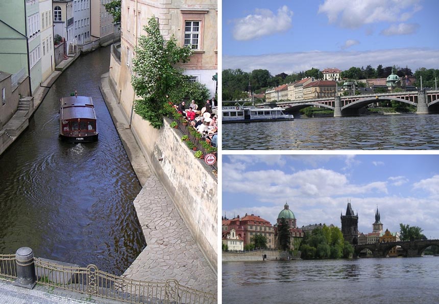 On the left: a sight-seeing boat going through a canal in Prague. On the right: two images of Prague taken while on the sight-seeing boat.