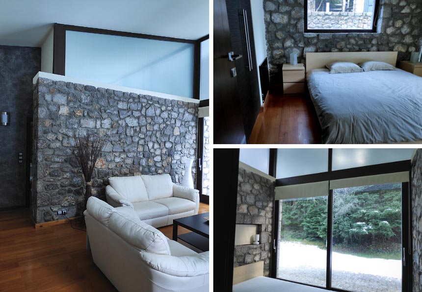 On the left view of the living room in the guest house with a stone accent wall. On the top right view of the first bedroom. On the bottom right, view of the second bedroom.