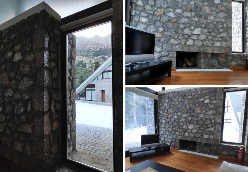 On the left peak view of the chalet across from the guest house. On the top right view of the stone fireplace. On the bottom right view of the living room with the stone fireplace of the guest house.