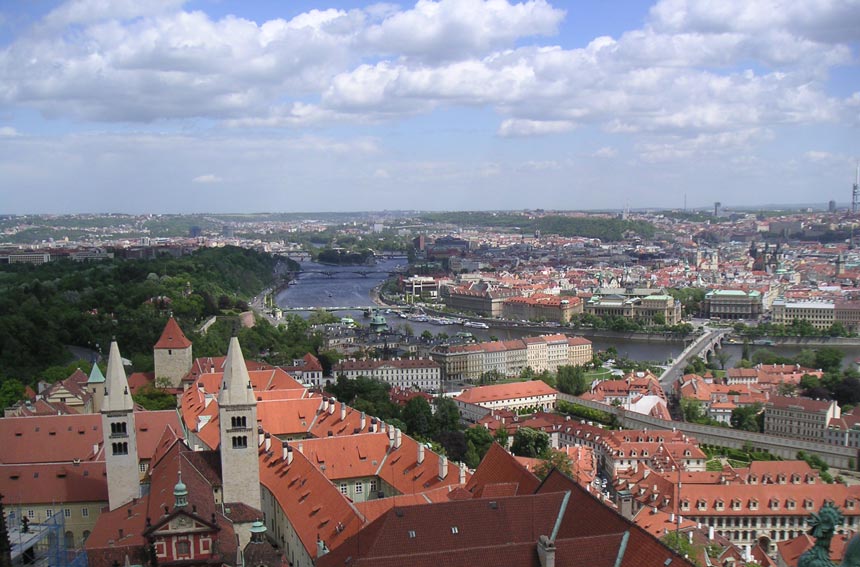 Partial view of Prague with the Vltava river meandering through it.