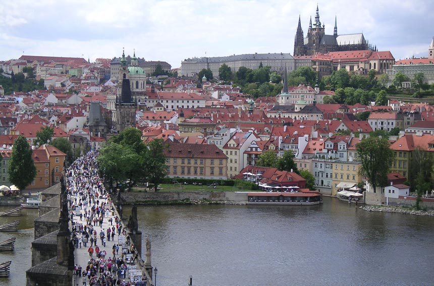 View of Charles Bridge and the Prague Castle from the City Hall.