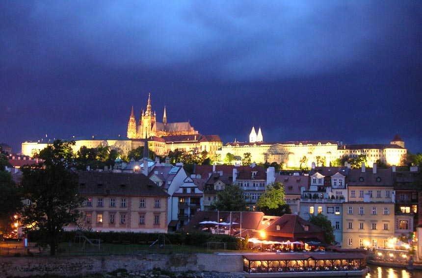 View of the Prague Castle after sunset hours.