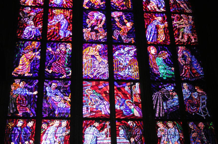 Stunning stained glass inspired by scenes from the Bible found in St. Vitus Cathedral in Prague.