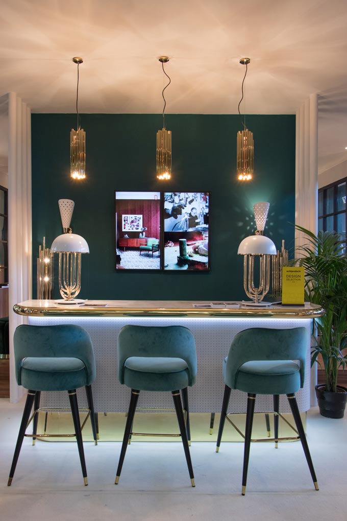From the set of Essential Home at Maison et Objet 2019, notice the Collins open back bar chairs upholstered in teal velvet. Image by Essential Home.