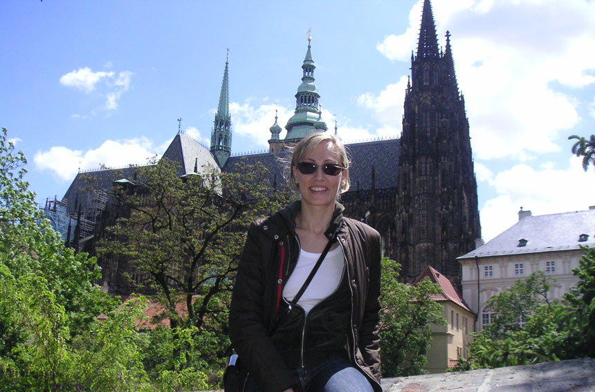 Velvet with the Prague Castle and St. Vitus Cathedral in Prague in the background.