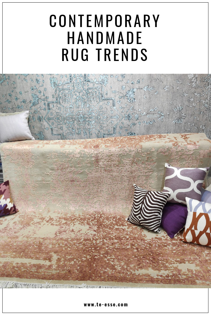 A pin graphic with an image of two rugs and decorative cushions. Contemporary rug trends.