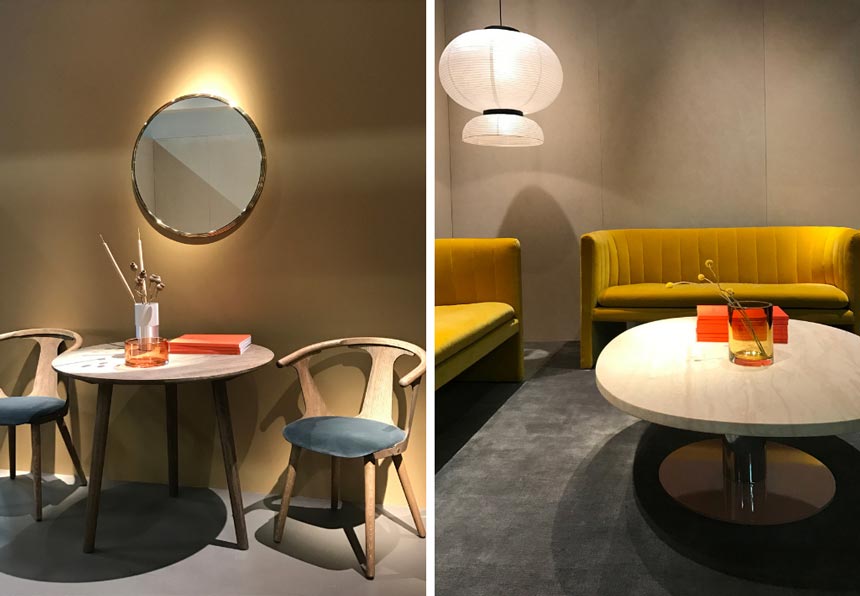 Two images of a vignette on the left with two chairs and a round table and a living space with two mustard sofas on the right. Both images from the stand and Tradition at imm Cologne 2019 fair.