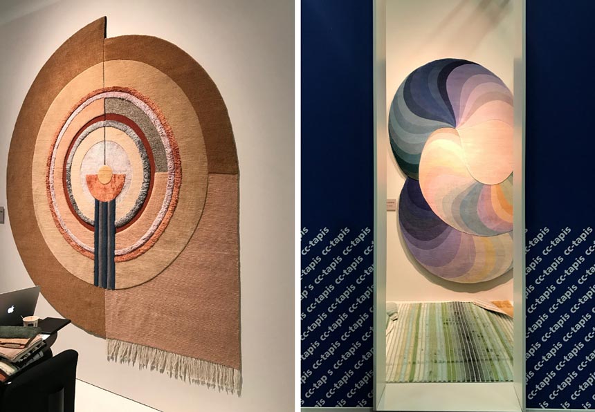Two images of different geometrical shaped wall tapestries by cc Tapis at the imm Cologne 2019 fair.