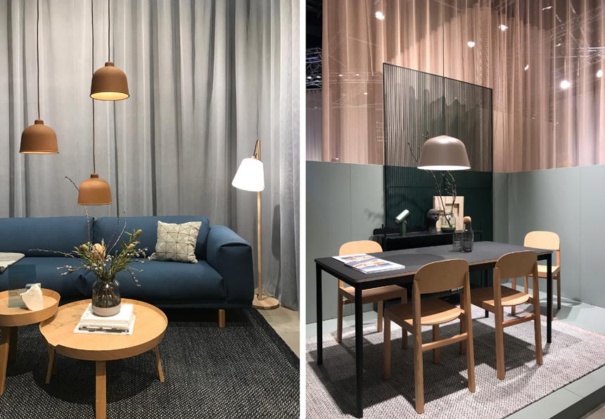 Two images of a living space with a blue sofa and a dining space on the right from the stand of Muuto at imm Cologne 2019.