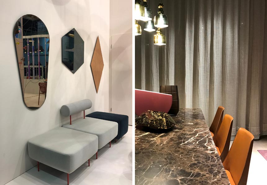 Two images, on the left a grey sofa from Petite Friture. On the right partial view of a dining space with a dark marble dining table from Poliform. Both images taken during the imm Cologne 2019 fair.