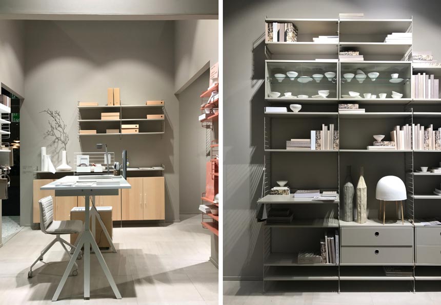 Two images from the stand by String from the imm Cologne 2019 fair. On the left a desk area, on the right a bookcase in light grey.