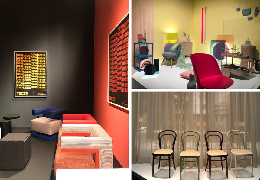 All three images from stands at the imm Cologne 2019 fair. On the left: Tecta. Top right: Trend Atmospheres. Bottom right: Thonet cane chairs.