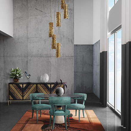 A stunning dining space with Mid century furniture, a bare concrete accent wall and a statement pendant light over the dining table called Pearl. Image by Luxxu.