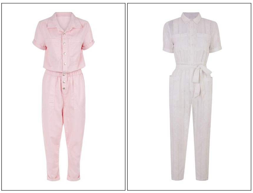 On the left a cutout image of a soft pink jumpsuit. On the right a cutout image of a white jumpsuit. Both jumpsuits from Miss Selfridge.