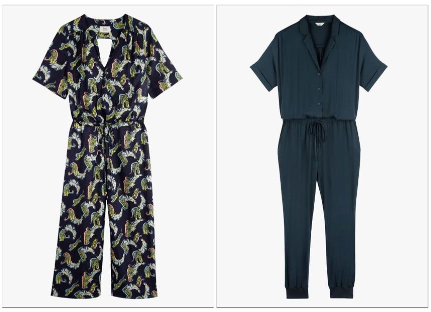 On the left a print jumpsuit on the right a blue jumpsuit with a tie belt around the waist. Both images from Hush.
