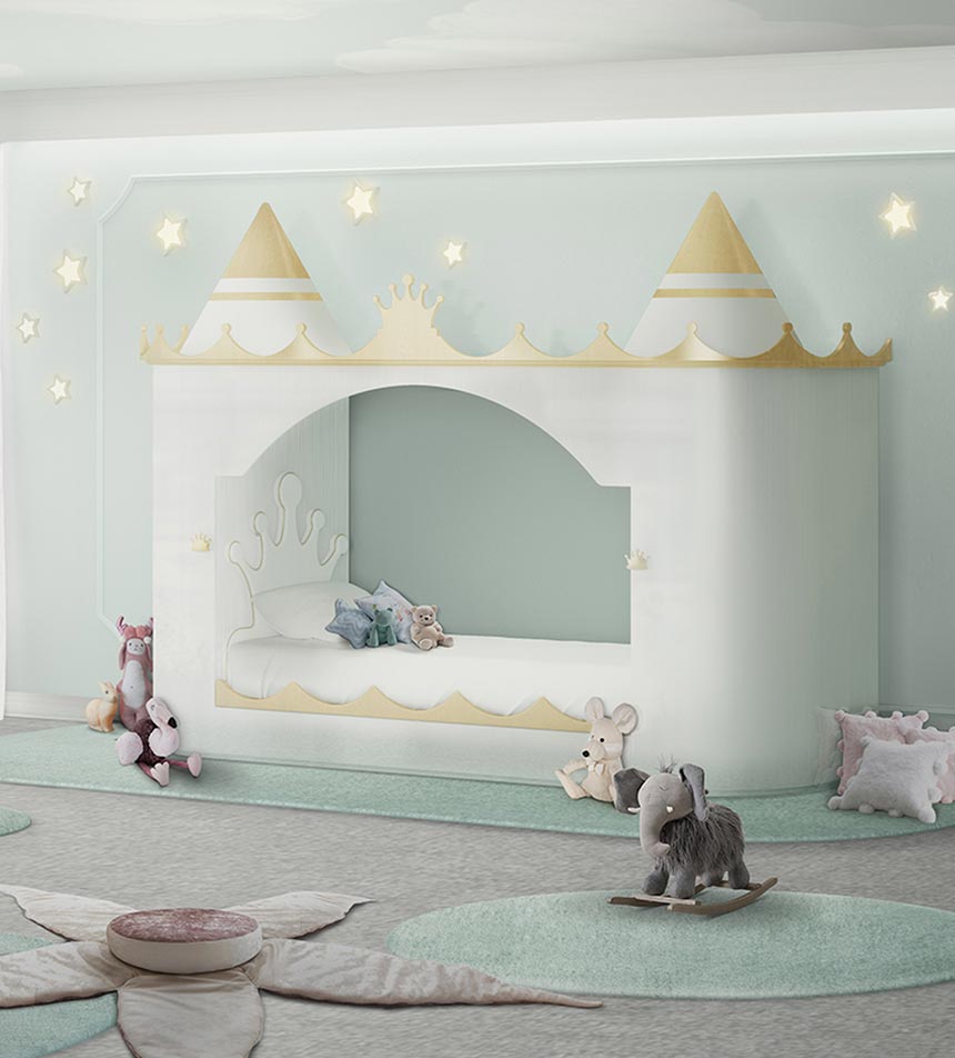 A stunning nursery room with soft mint green hues and a castle as a bed. Image by 