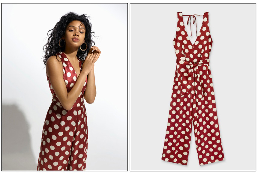On the left a woman looking stylish in a red polka dot jumpsuit. On the right, a cutout image of that very image. Both images from Miss Selfridge.