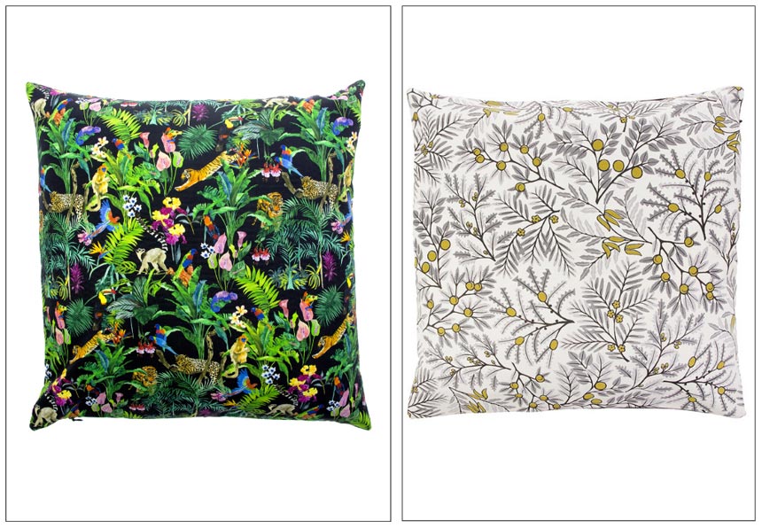 Two images by two decorative throw pillows with a print pattern. Images by Natural History Museum.