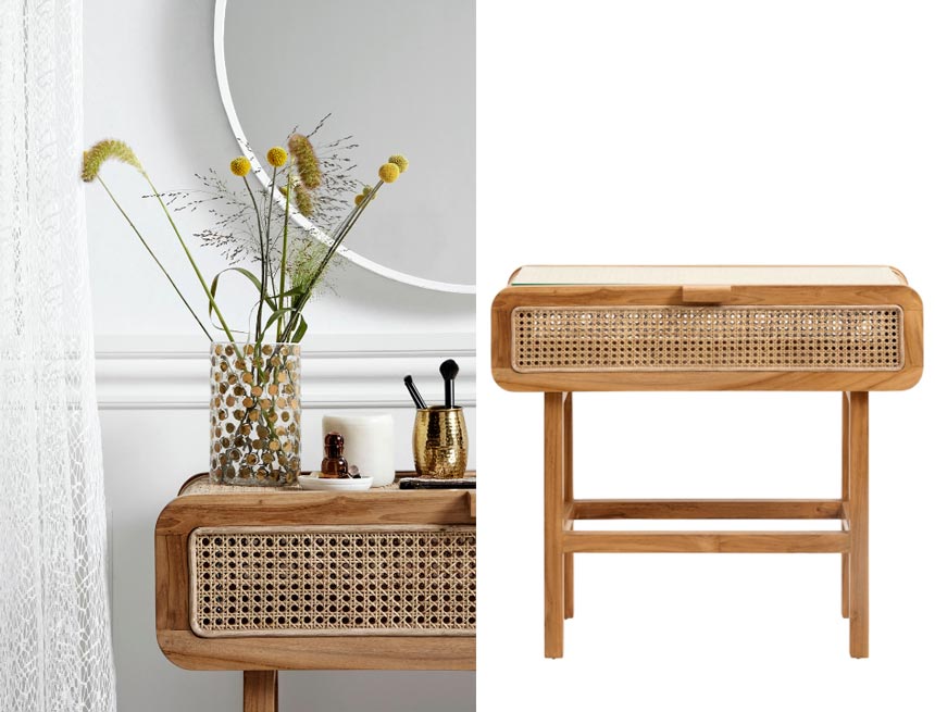 A lifestyle image on the left and a cutout image on the right of a beautiful rattan console table that could make a great addition anywhere. Image by The French Bedroom Co.