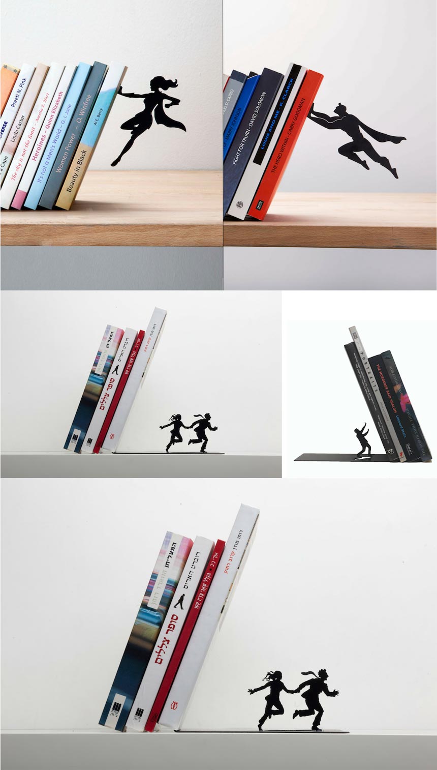 Teen bedroom decorating ideas - funky bookstands. Images by Animi Causa for some interesting book ends featuring the black silhouettes of superwoman, superman or a couple running.