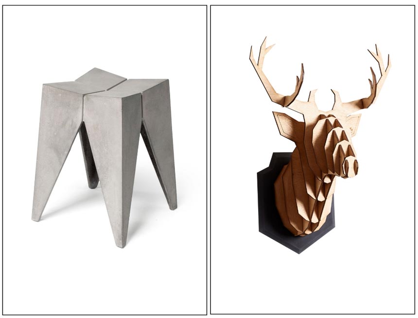 Cement decor ideas. On the left: Bridge Concrete Stool Seat from Decoville. On the right: The Großstadthirsch Eiche, a wall decor of a deer's head made of wood and concrete from HEIMATWERKE.