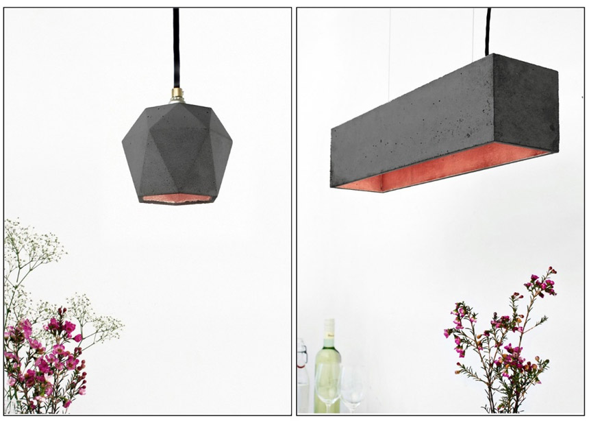 On the left: Concrete Hexagon Pendant Light By Gantlights from Lime Lace. On the right: Concrete Pendant Light By GANTlights from Lime Lace.