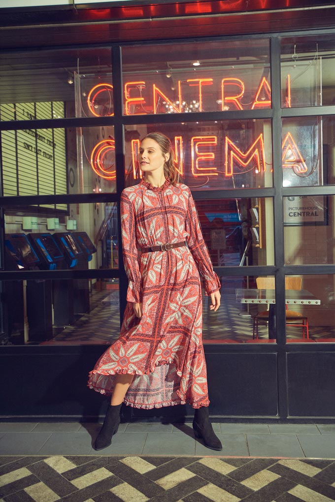 A pretty muted terracotta print maxi dress styled with ankle boots. I love the fact that it has long sleeves. Image by Dorothy Perkins.