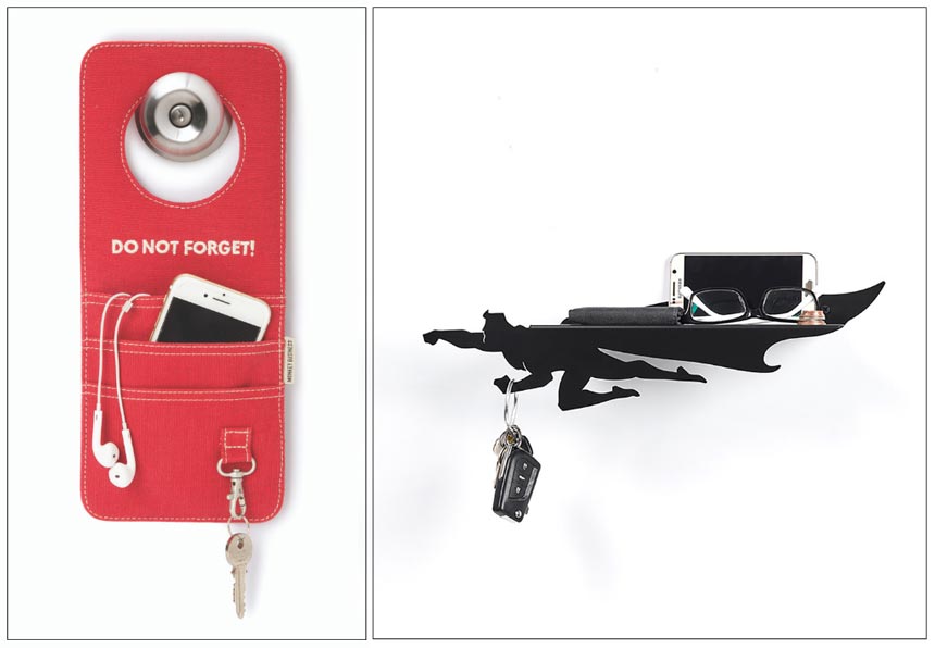 On the left a red pocket holder hanging from a door knob that holds cell phones and keys. On the right a black shelf for laying the essentials i.e. glasses and cell phone shaped like superman. Images by Animi Causa.