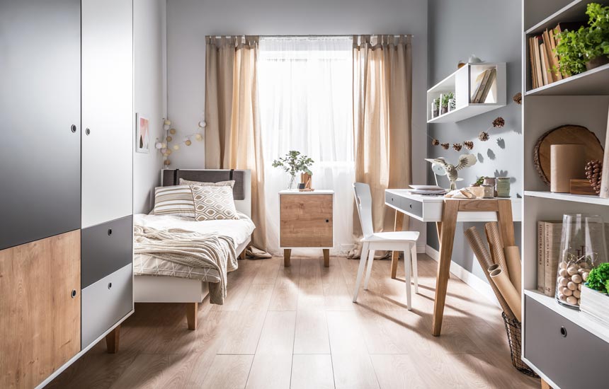 A beautiful teen's bedroom in a neutral color palette. Image by Cuckooland.