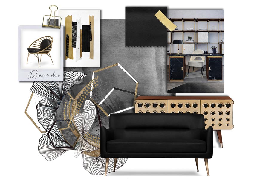 A moodboard based on black decor with gold accents. Timeless and precious. Image by Essential Home.