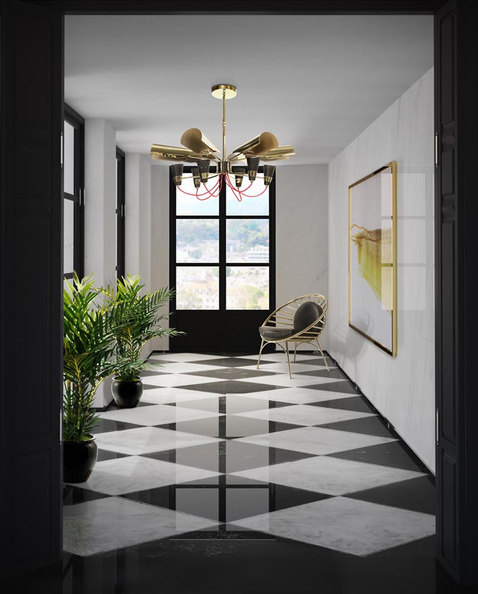 A gorgeous entryway with white and black marble checker flooring and a stunning golden chandelier. Image by DelightFULL.