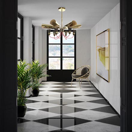A gorgeous entryway with white and black marble checker flooring and a stunning golden chandelier. Image by DelightFULL.