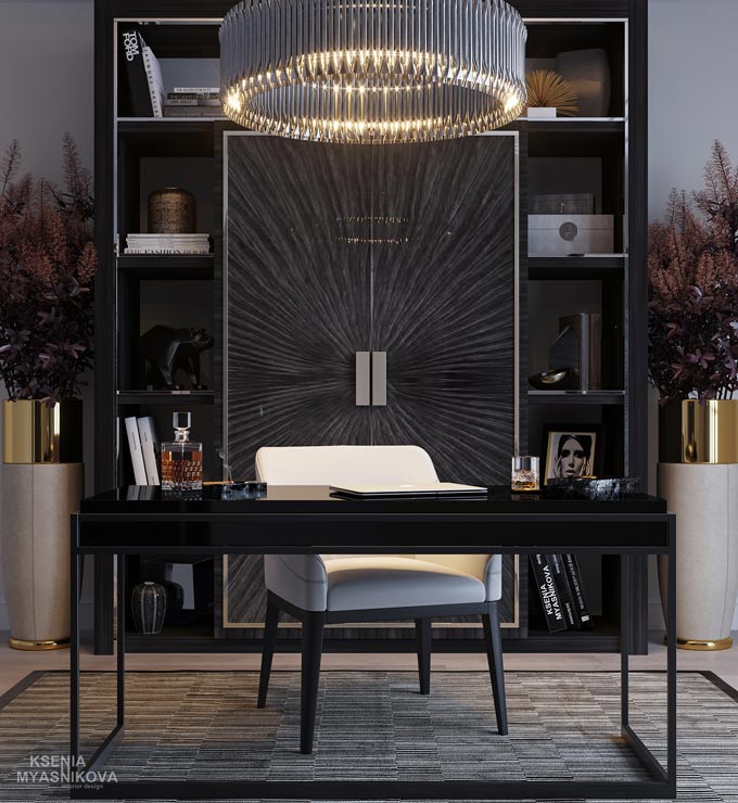 Now that is one gorgeous office space with a black bookcase, pastel dried foliage, a white deskchair, black office and a gorgeous chandelier. Image by DelightFULL.