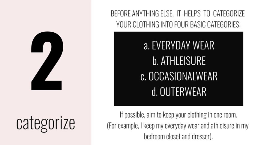 Snapshot from the video 'How to Organize Your Closet as a Maximalist' that describes the four basic categories of clothing.