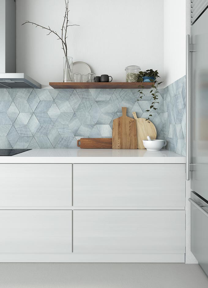 I love this shimmery light blue backsplash in a contemporary kitchen with off white cabinetry. Image: WOW Design.