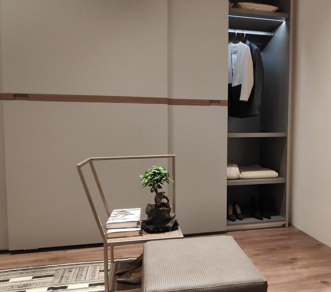 View of a bedroom from the Maronese ACF booth at iSaloni 2019 in Milan.