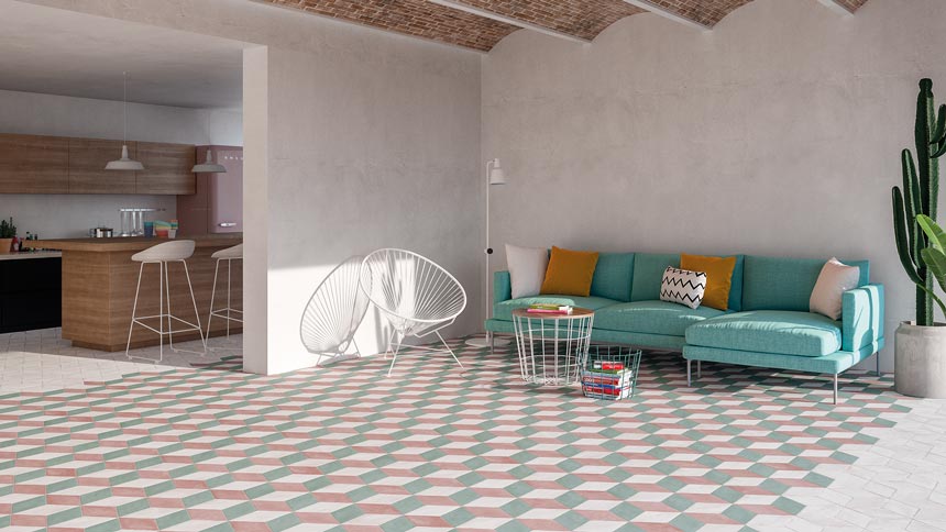 This is an amazing covered open space with a mint sofa on the far end and a large tiled surface that stretches indoors with a diamond pattern tiles in teal and mud. Image: WOW Design.