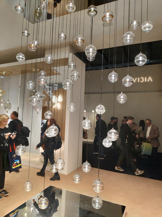 Round bulbs from a large pendant light at Euroluce 2019 in Milan.