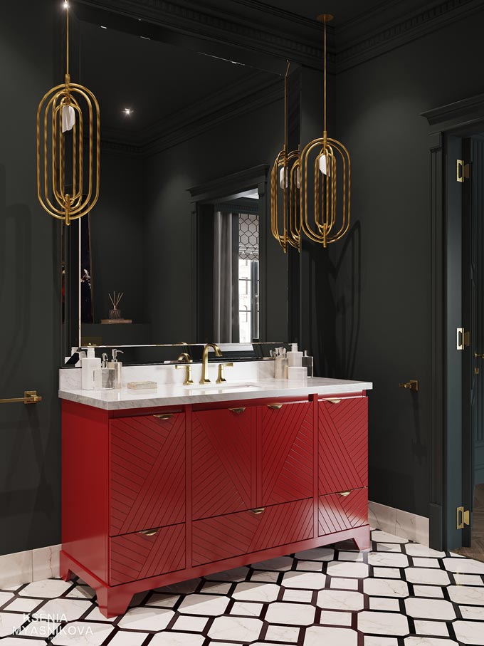 A stunning luxurious bathroom based on strong color contrasts, a red vanity cabinet against a really dark green wall. The Turner pendants lights add a sense of luxury. Image by DelightFULL.