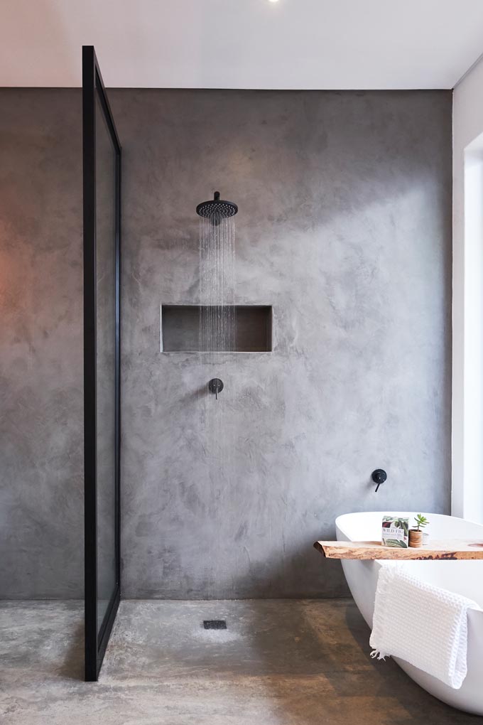 A gorgeous grey walk in shower with black fittings. Image by Meir Australia Pty Ltd