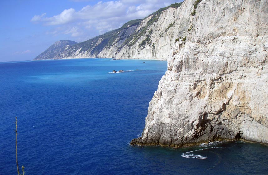 View of the white cliffs of the west coastline of Lefkada. Image by Velvet Karatzas.