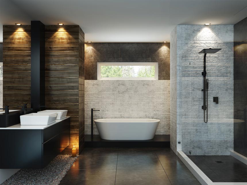 I love this contemporary bathroom with various textured wall tiles, dark floor tiles, a tub in the background and a shower opposite the vanity cabinet. Image by Meir Australia Pty Ltd.